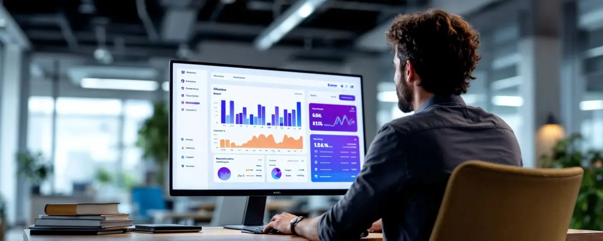 Un empresario revisando su web en un portátil, con gráficos de ventas y ofertas visibles en la pantalla.