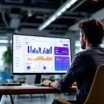 Un empresario revisando su web en un portátil, con gráficos de ventas y ofertas visibles en la pantalla.