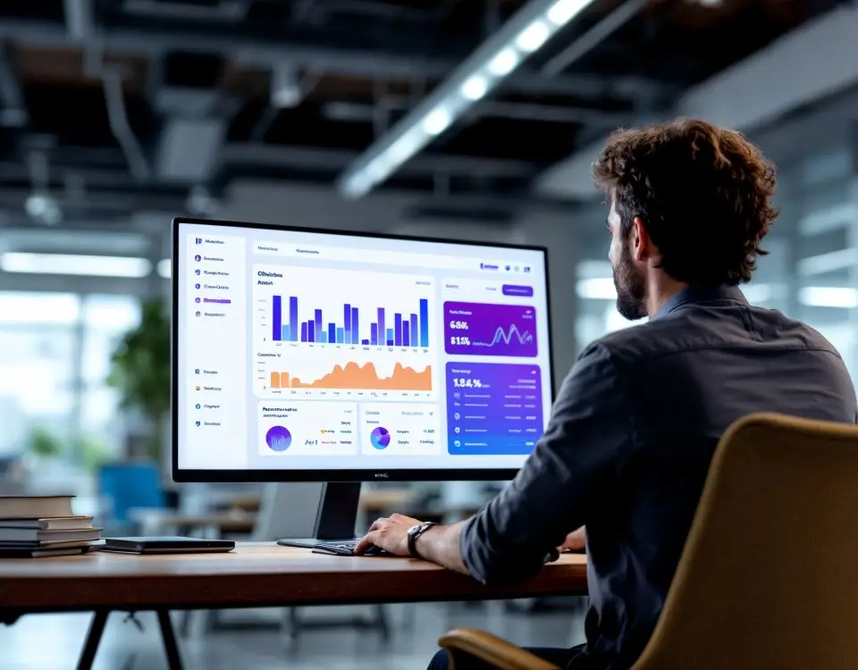 Un empresario revisando su web en un portátil, con gráficos de ventas y ofertas visibles en la pantalla.
