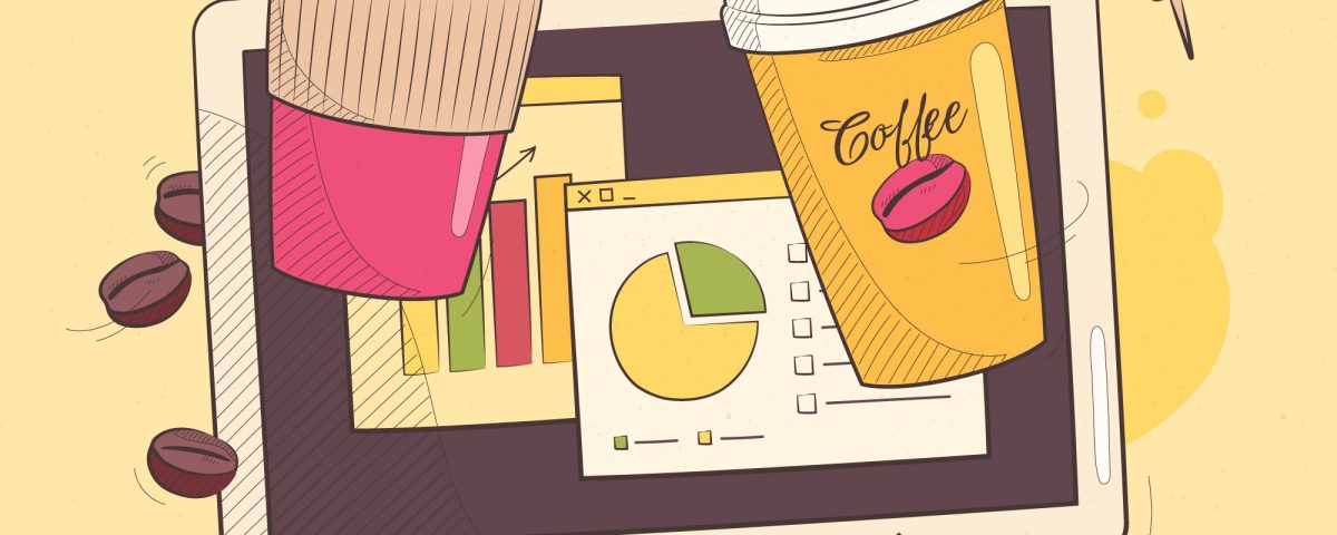 Una persona autónoma trabajando con su portátil en una cafetería moderna, con iconos digitales flotando (web, redes, estadísticas).