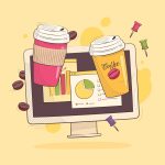 Una persona autónoma trabajando con su portátil en una cafetería moderna, con iconos digitales flotando (web, redes, estadísticas).