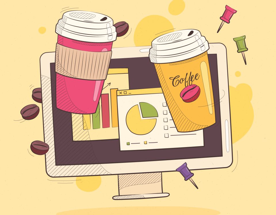 Una persona autónoma trabajando con su portátil en una cafetería moderna, con iconos digitales flotando (web, redes, estadísticas).