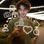 Un pequeño empresario sonriente usando su móvil para publicar en redes, con iconos de Instagram y Facebook flotando.