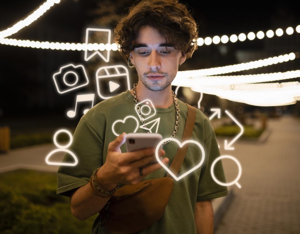 Un pequeño empresario sonriente usando su móvil para publicar en redes, con iconos de Instagram y Facebook flotando.